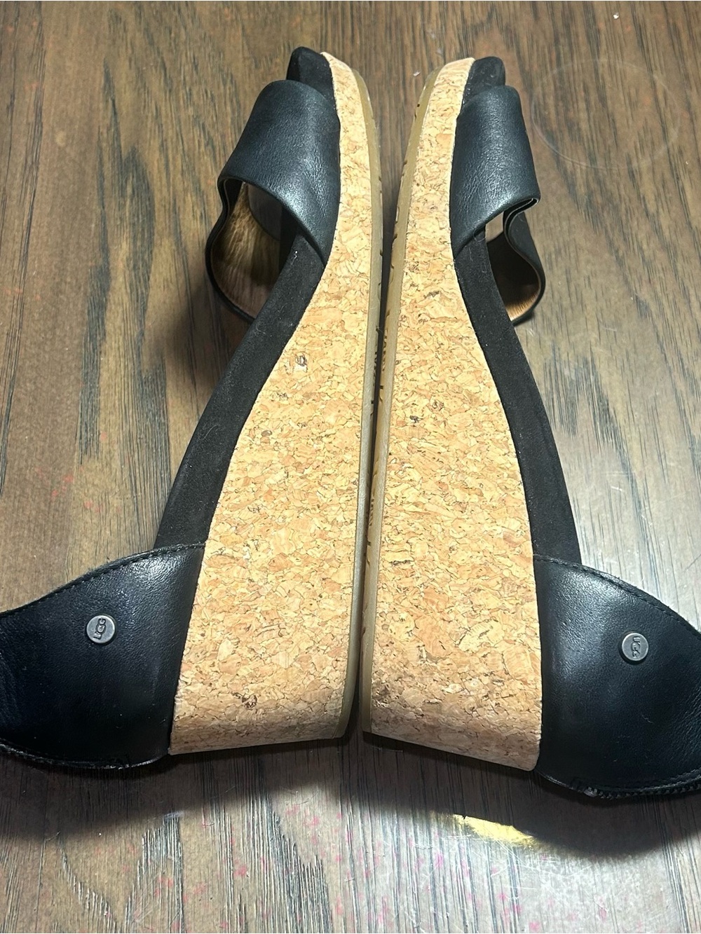 UGG Black Leather Cork Wedge Sandals